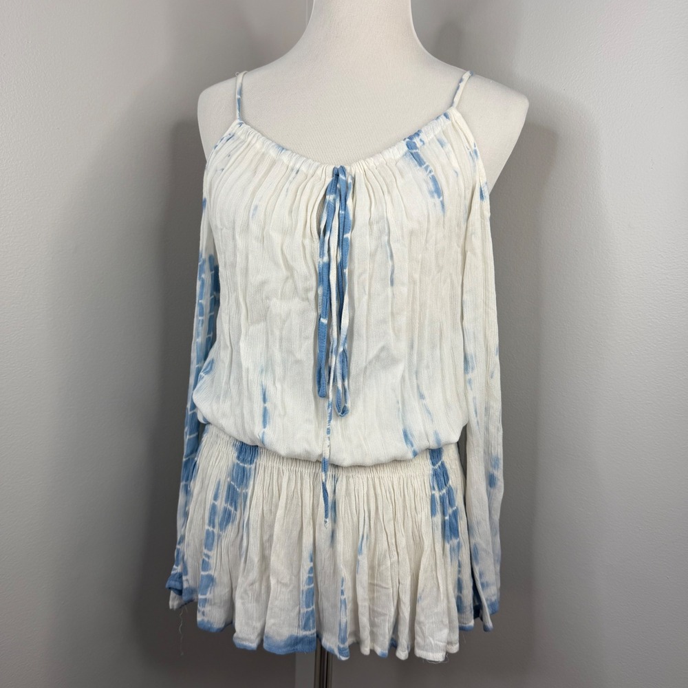 Vintage Havana Blue Tie Dye Cold Shoulder Smocked Mini Dress Small NWT C1858
